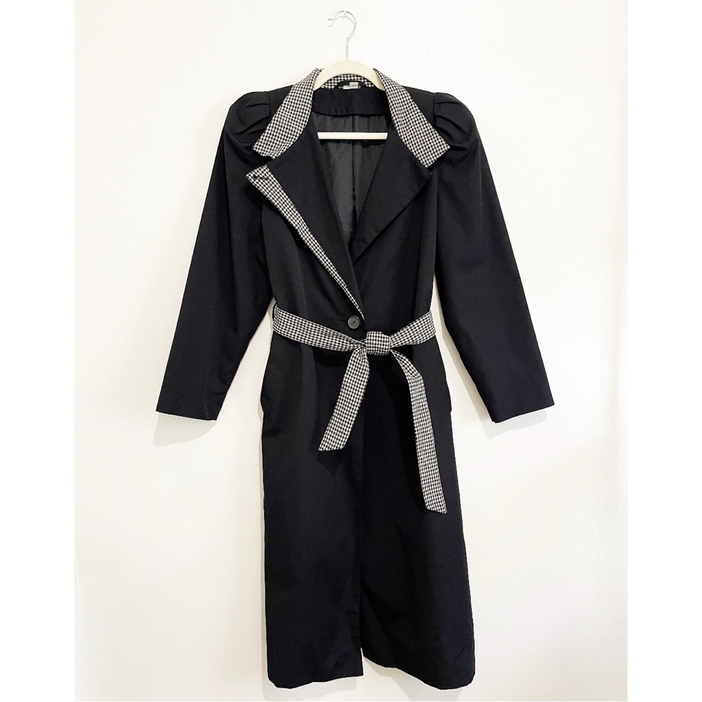 Vintage BRAETAN Trench Coat Houndstooth Trim Details Belted Women’s Size M/L
